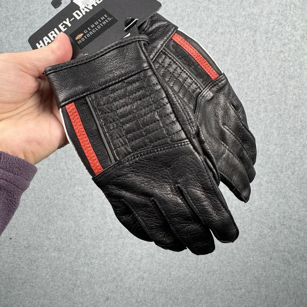 Harley-Davidson South Shore Leather Gloves Womens XS Black Red Biker‎ NEW